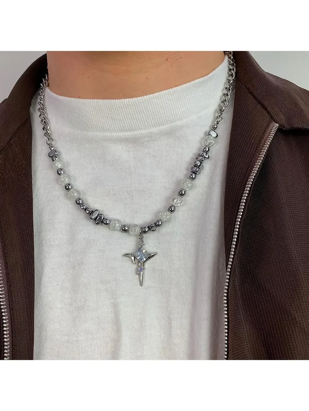 2000s y2k grunge punk opium silver and beaded cross pendant style necklace